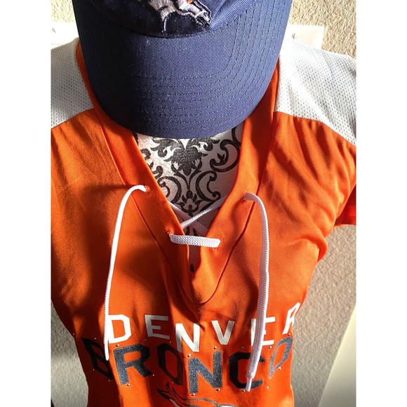 Denver Broncos L Ladies Top Large Rhinestone Plus Funny Hat Visor Jersey Shirt - Picture 3 of 14